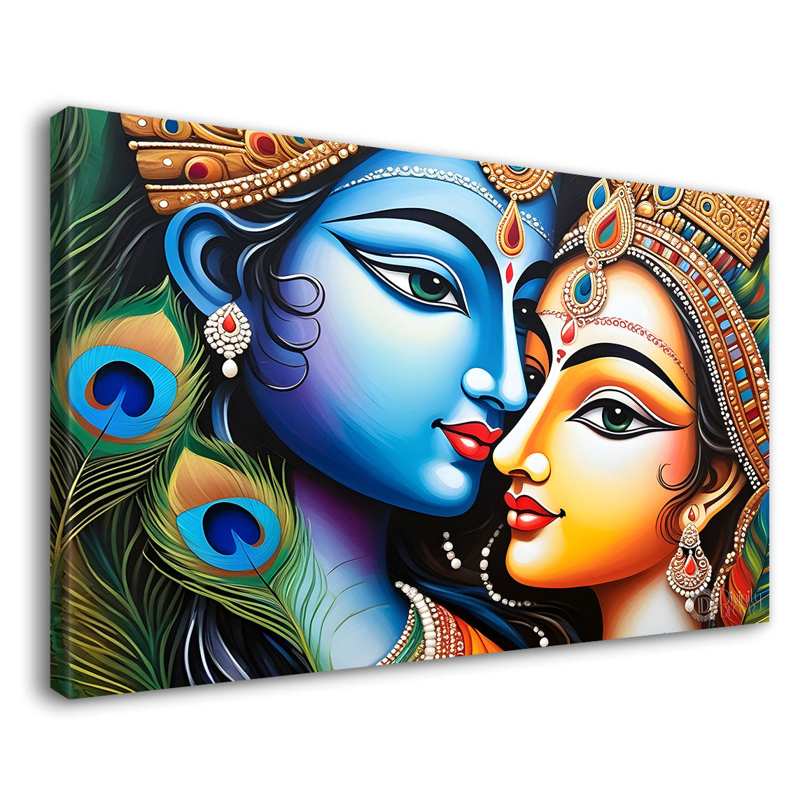 Blue face Krishna and Radha with peacock feather painting Canvas Painting - Design - Krishna-7