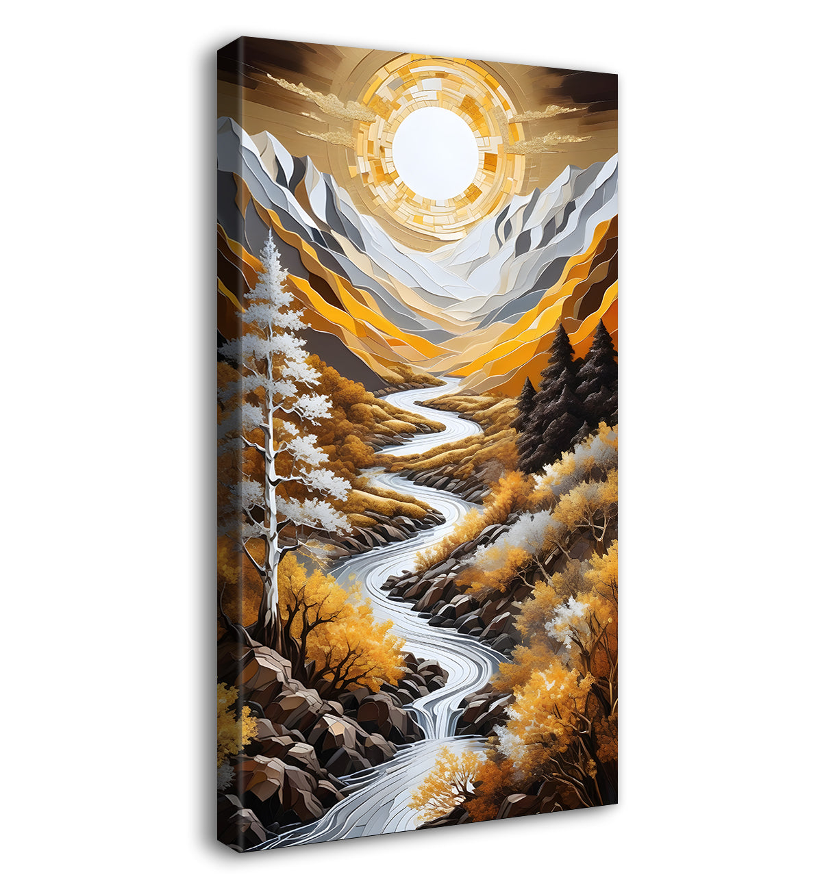 Orange mountains wtih river and trees with moon textured natural art Canvas Painting - Nature Art -V-7