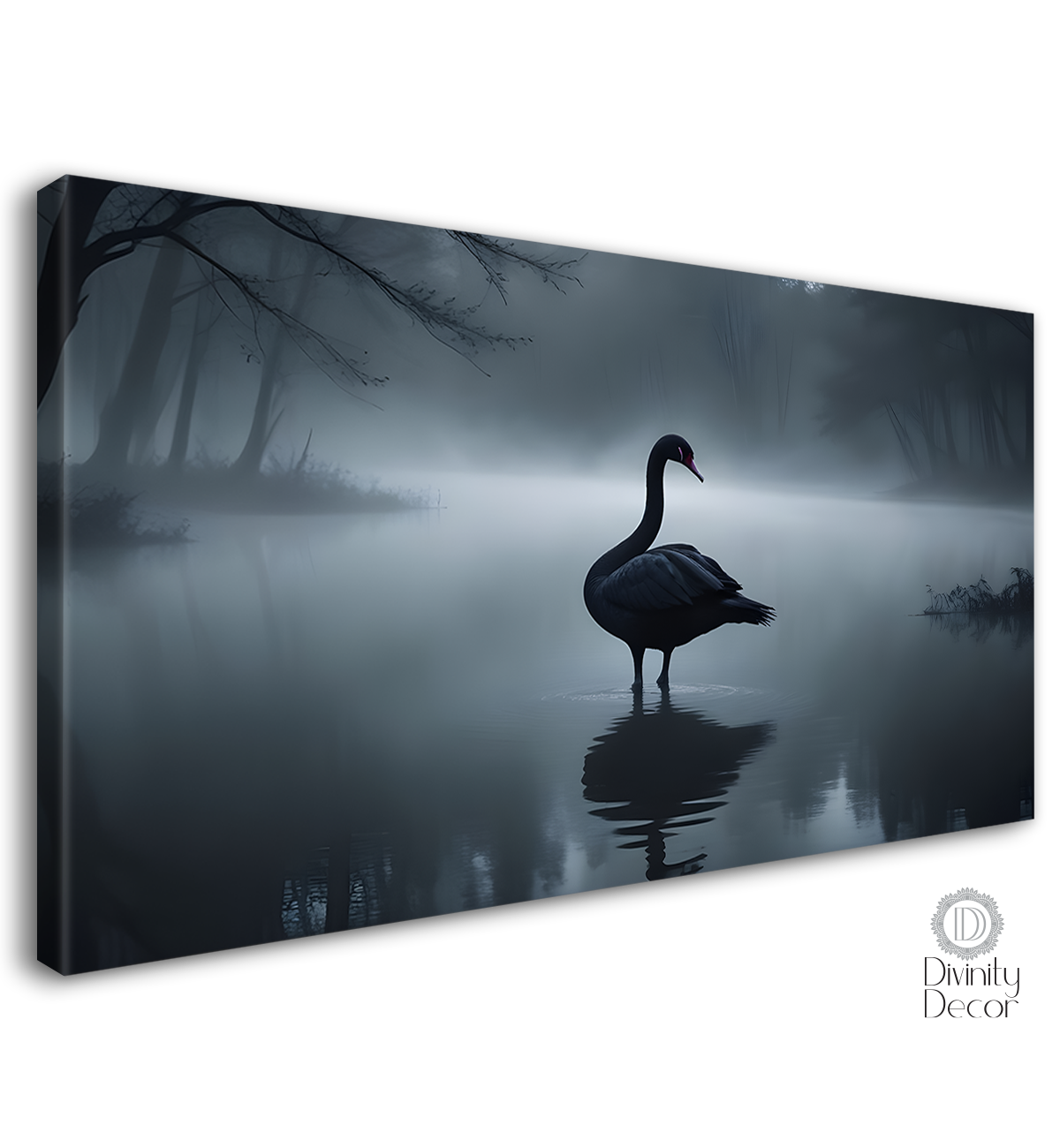 White Swan floating in a fog and trees textured art. - Design - Animal -7