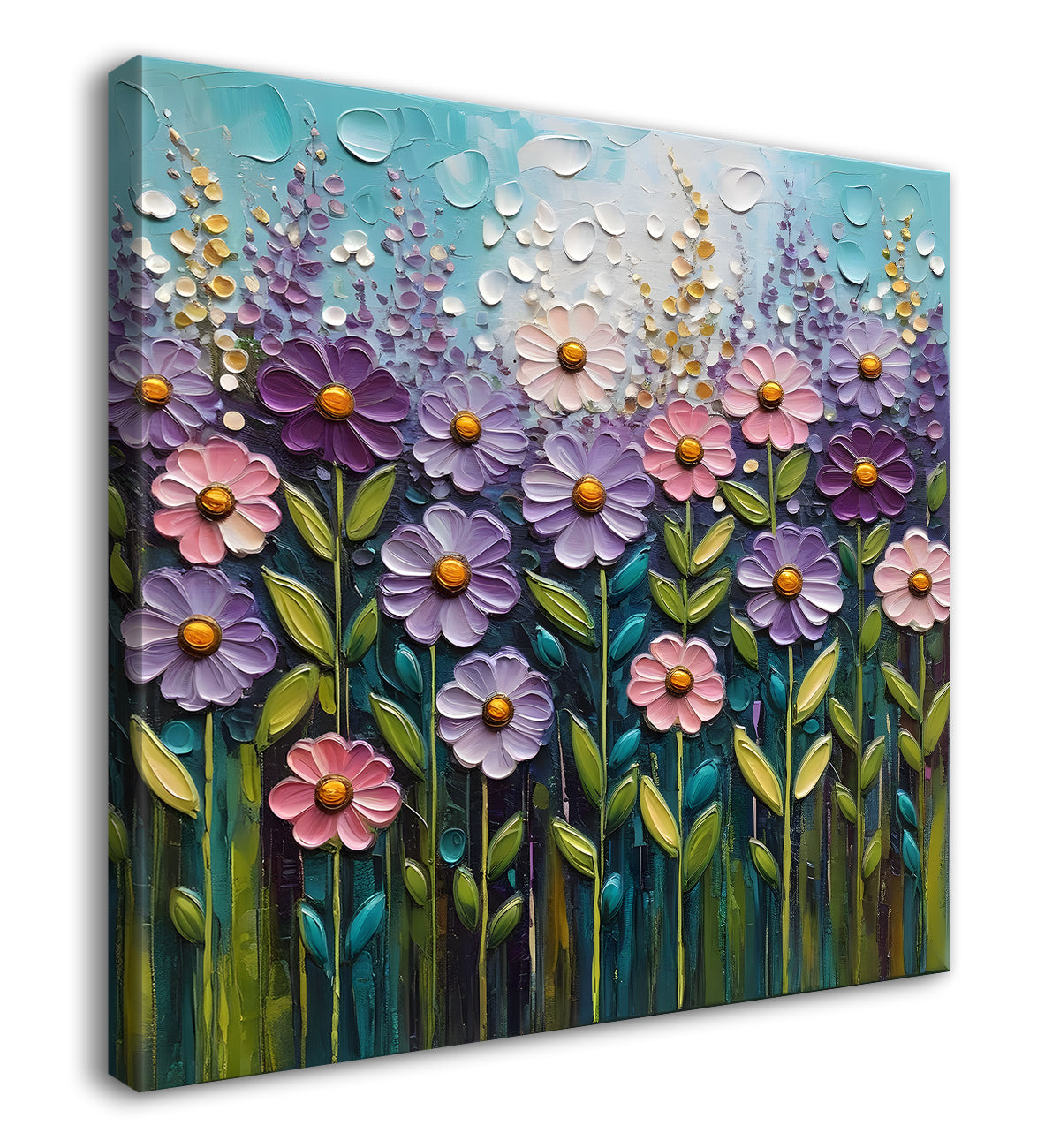 Purple flowers in blue background textured painting - Flower-S-7
