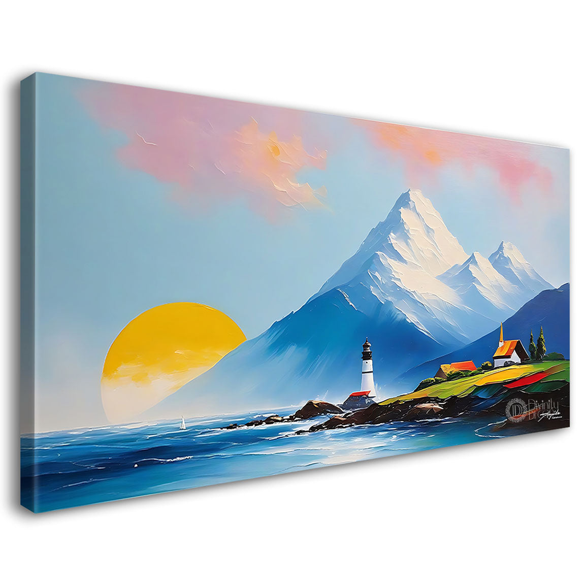 Mountains with sunset , land and sea in textured water color painting Canvas Painting - Nature Art -7