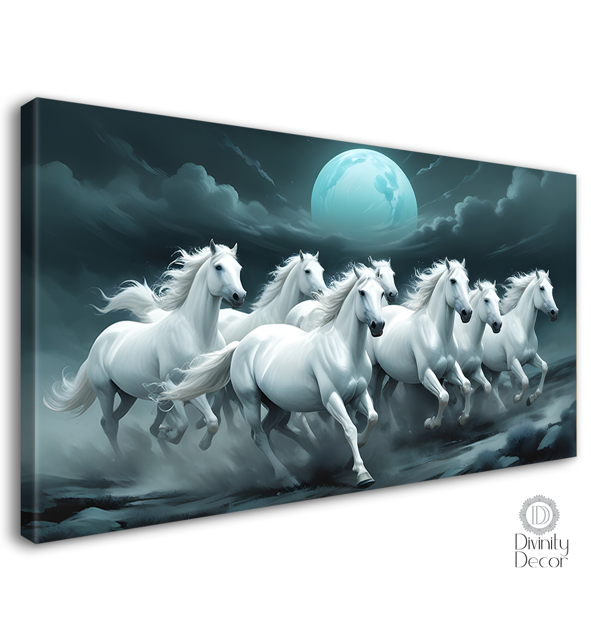 White horses with moon in black textured background art Canvas Painting - Design - Horse-8