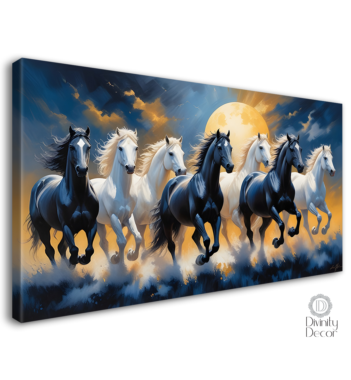 White and black running horses on the grass with moon and blue and yellow textured background art Canvas Painting - Design - Horse-80