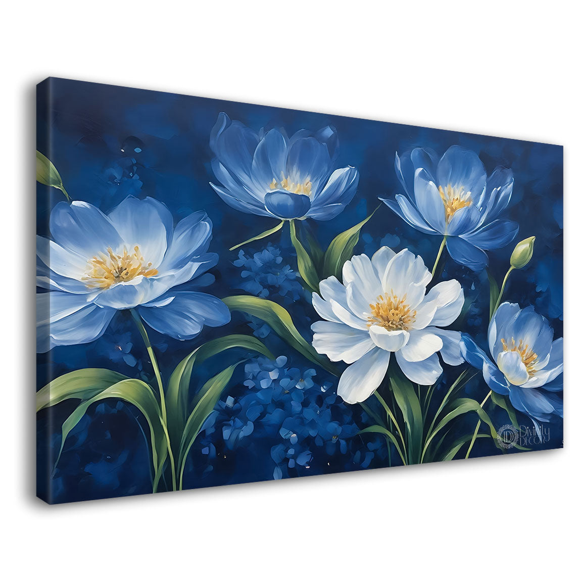 White flowers in navy blue background canvas painting- Flower-800
