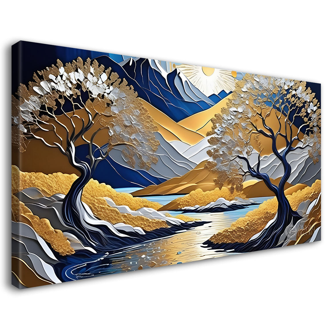 Blue mountain with tree and river painting Canvas Painting - Nature Art -800