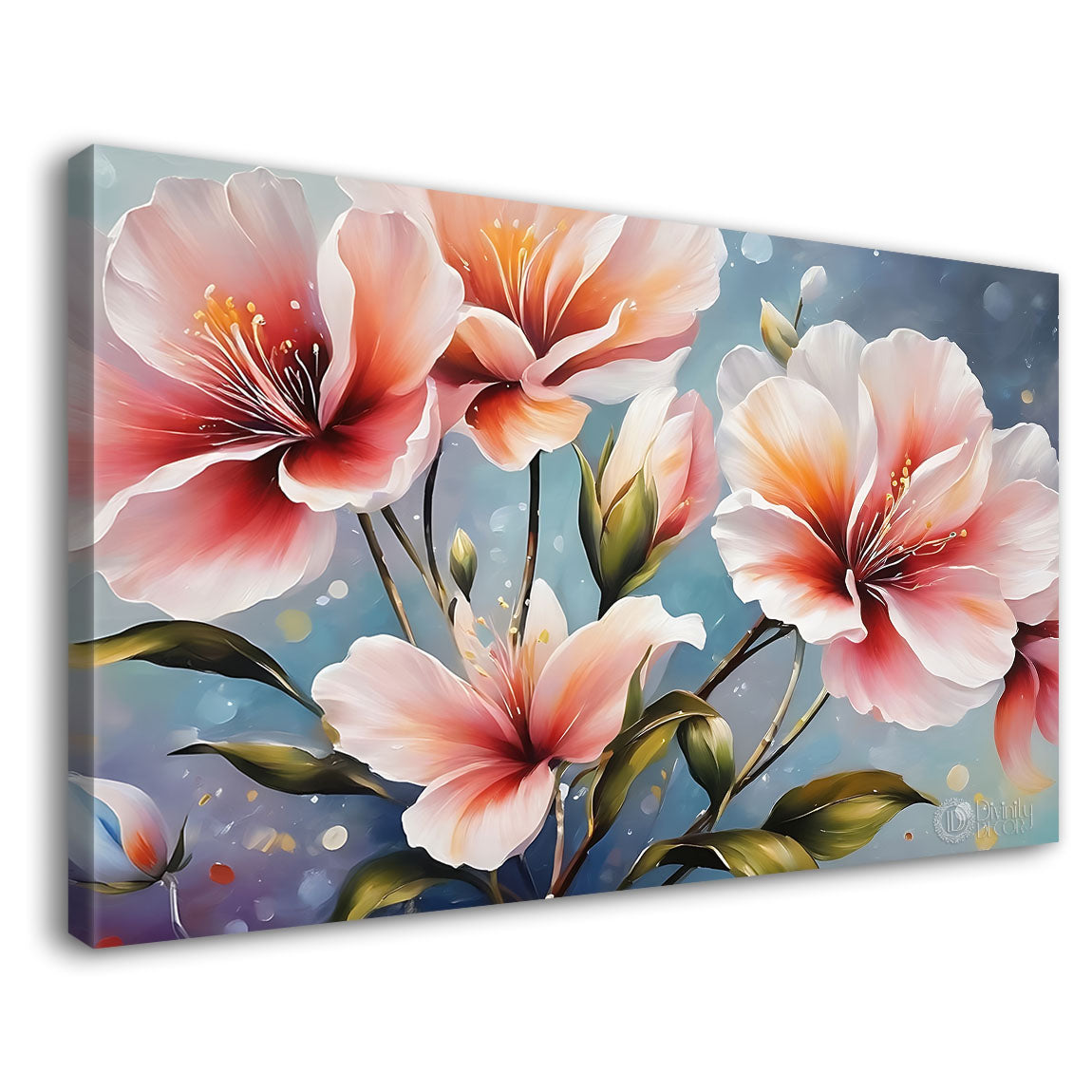 Pink flowers in sky blue background canvas painting- Flower-802