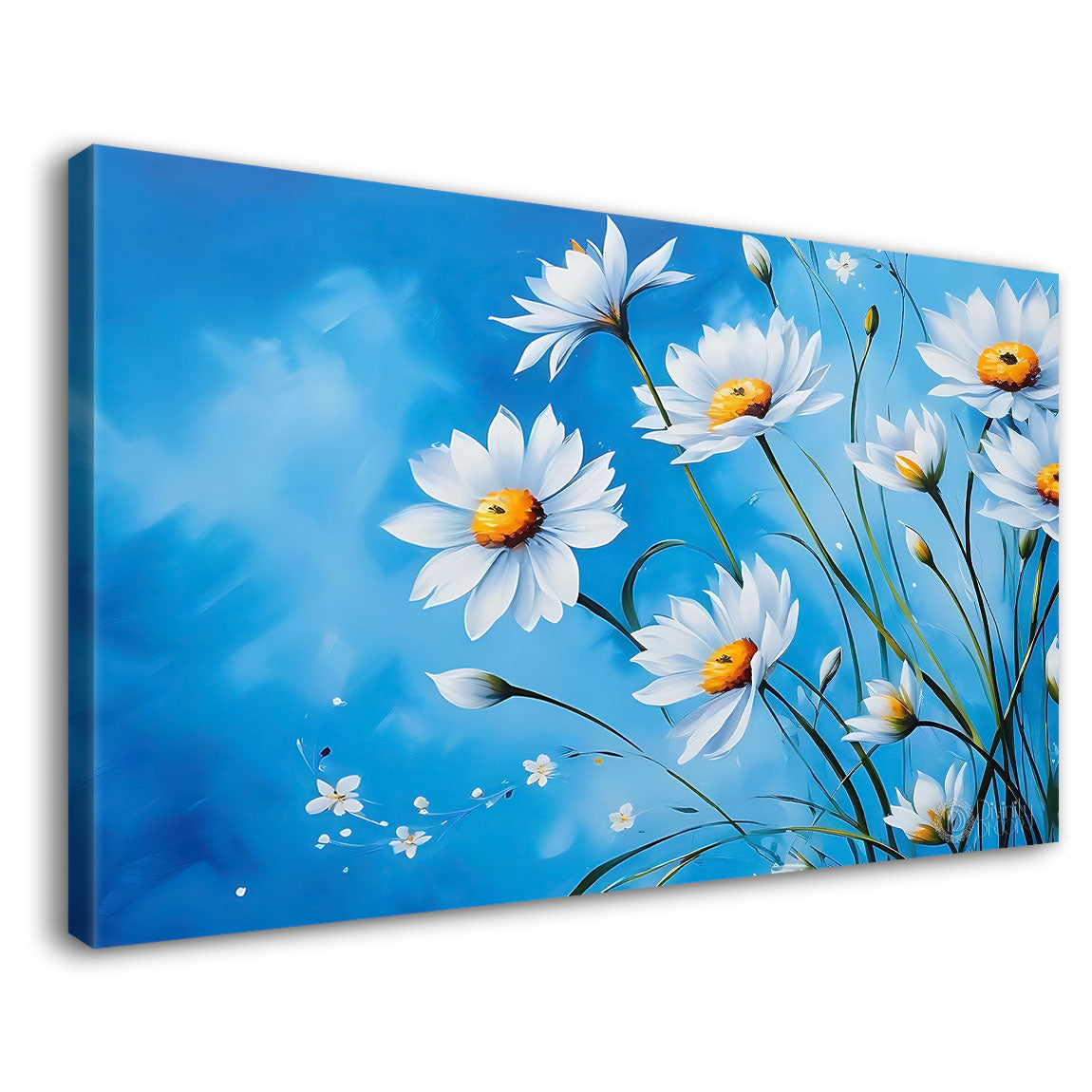 White flowers in  blue background canvas painting- Flower-803