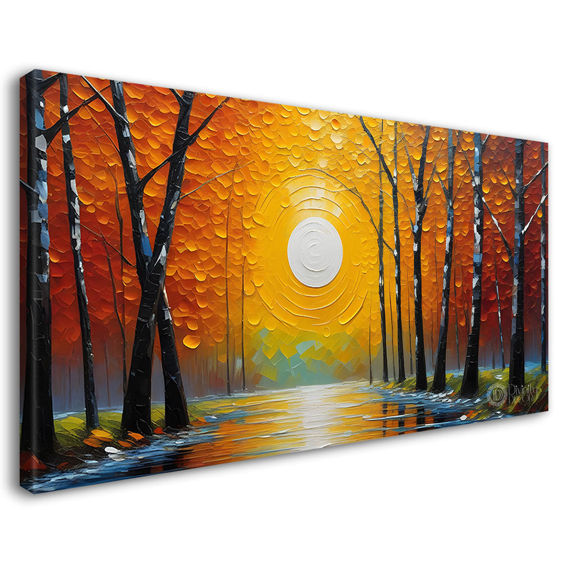 Trees with the lake and sun painting Canvas Painting - Nature Art -804