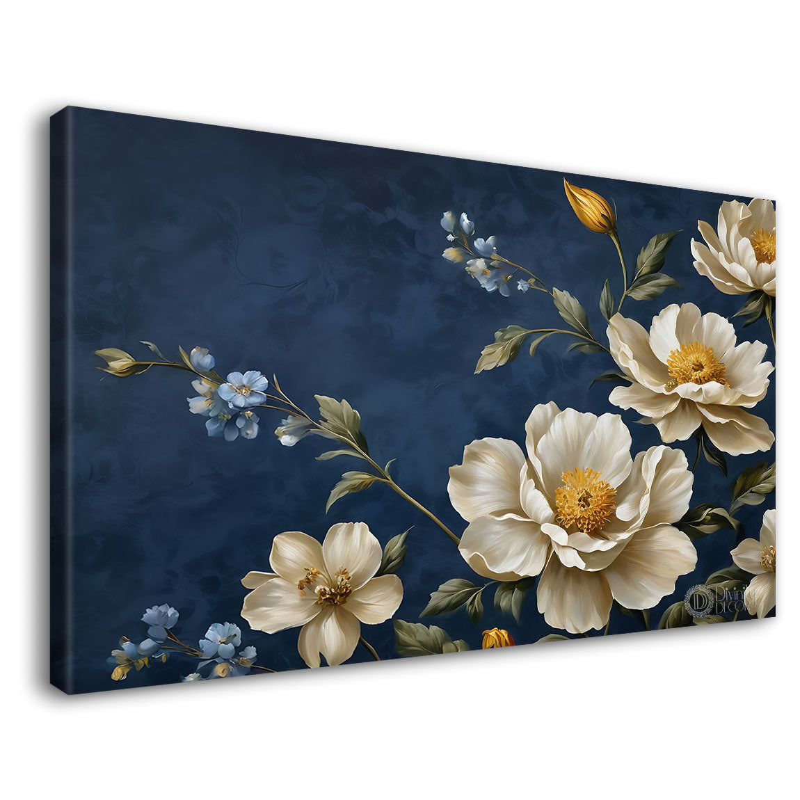 White flowers in navy blue background canvas painting- Flower-807