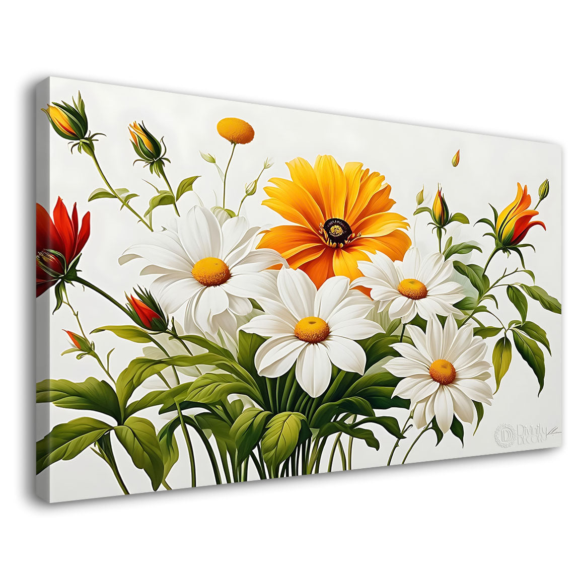 White and orange flowers in white background canvas painting- Flower-808