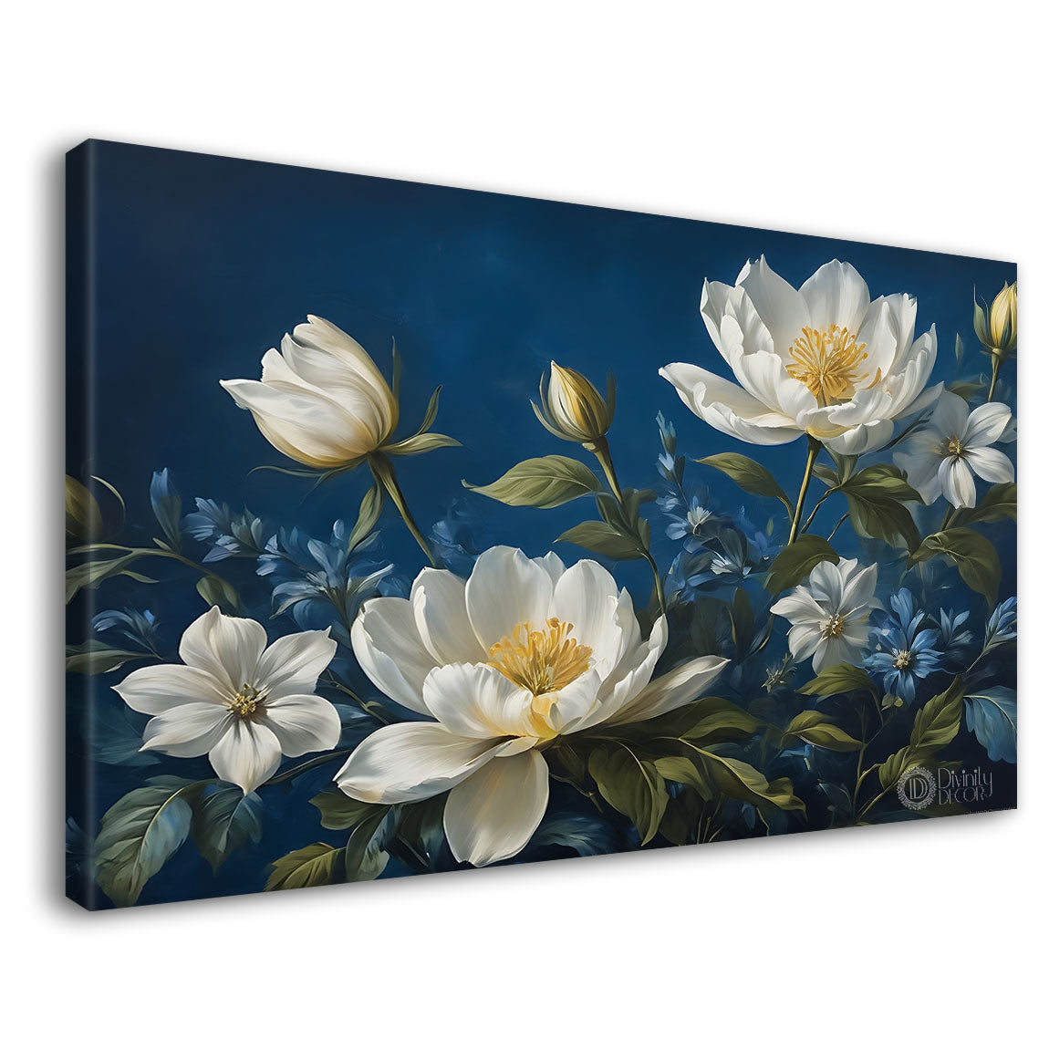 White flowers in navy blue background canvas painting- Flower-809