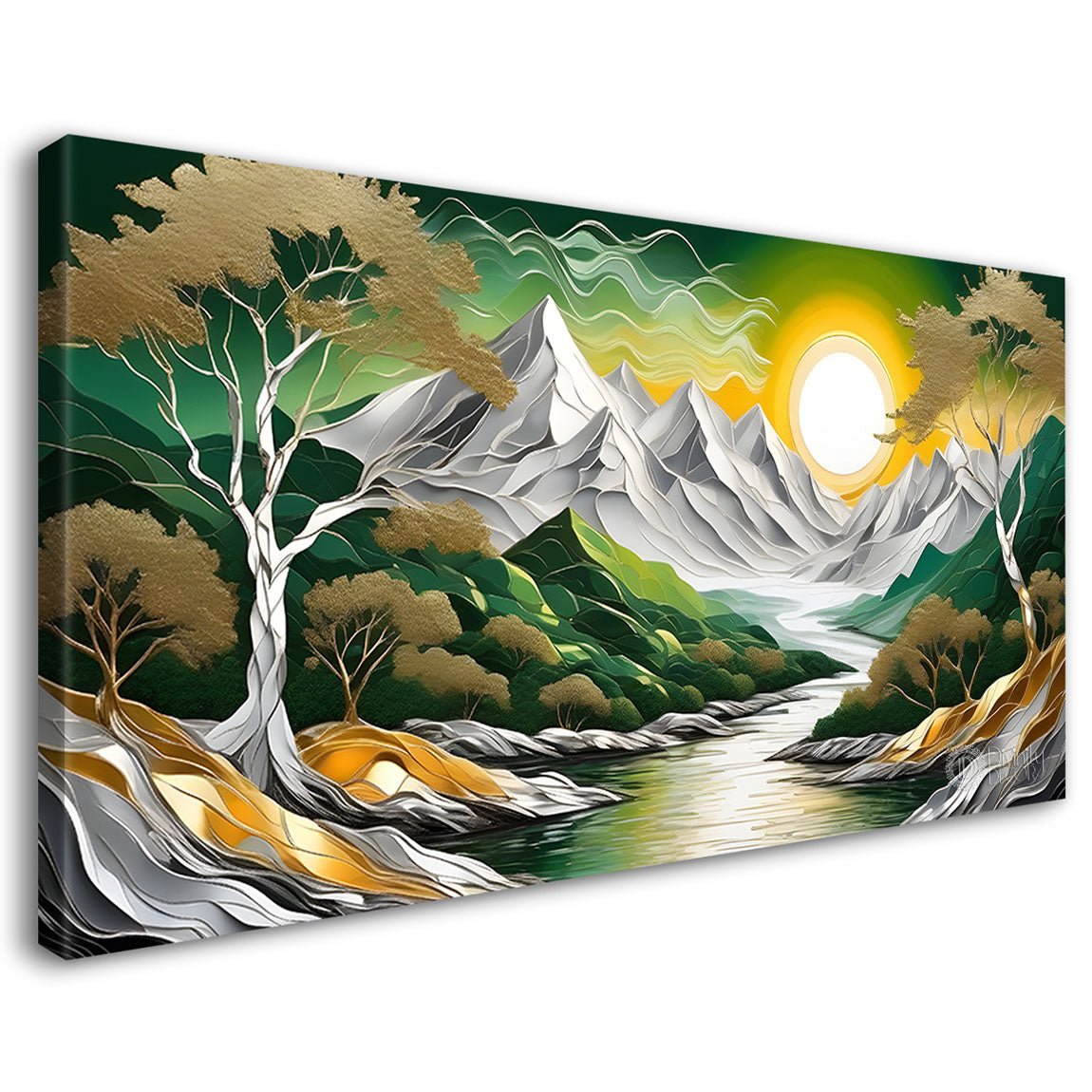 Green mountains with sun and trees painting Canvas Painting - Nature Art -809