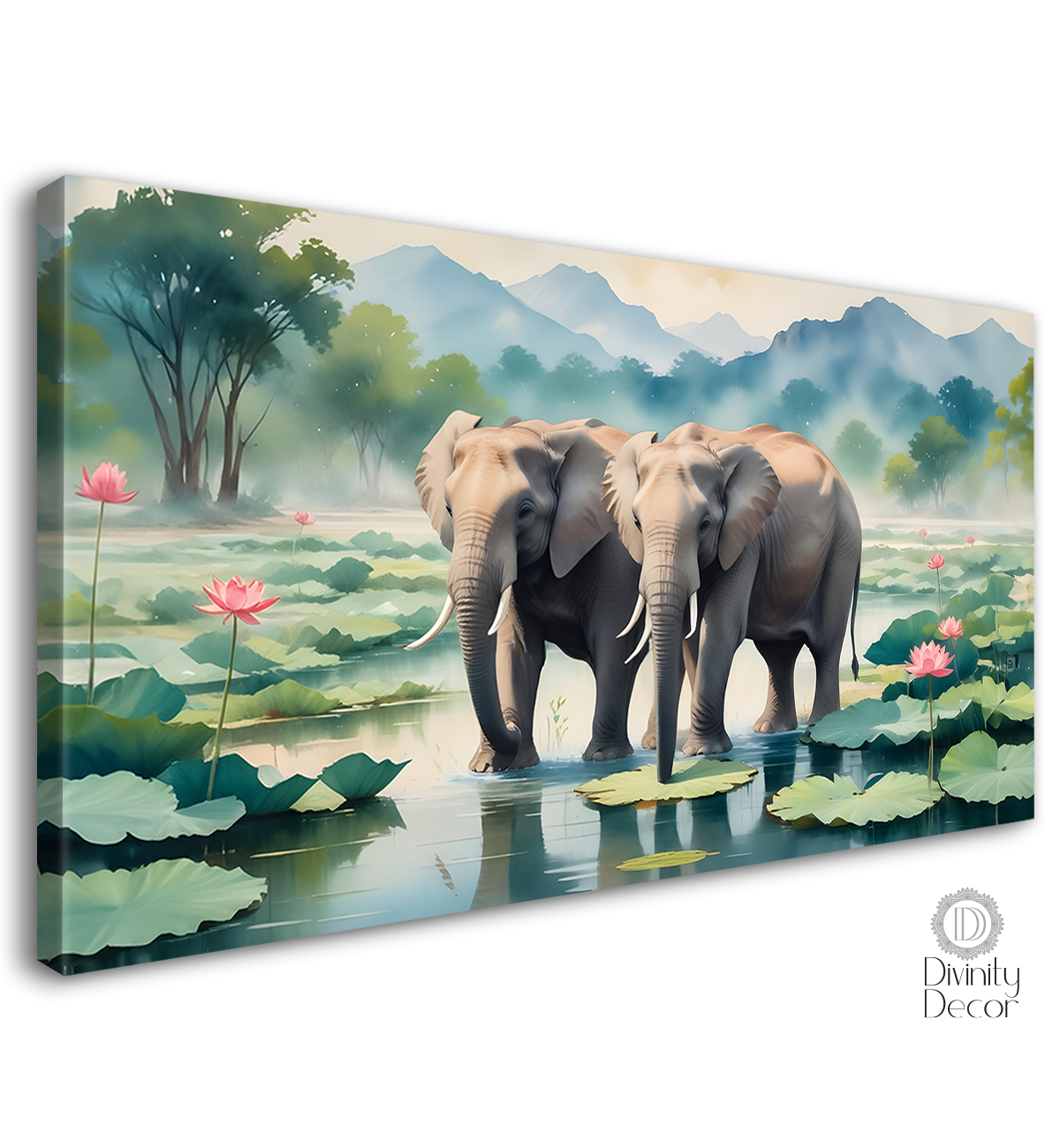 Elephant in the pond with trees and fog background textured art.  - Design - Animal - 80