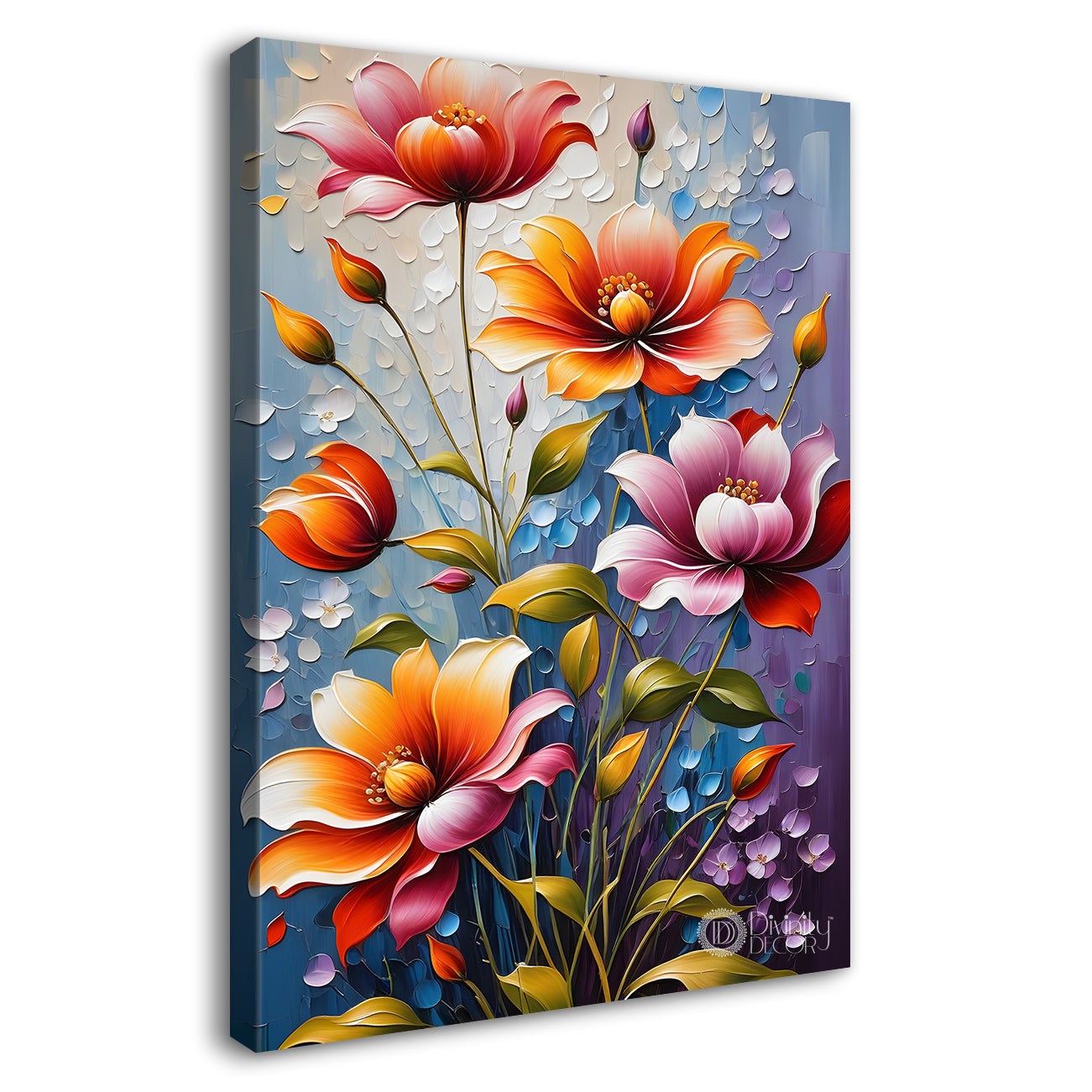 Orange and purple flowers in grey textured background painting - Flower-V-80