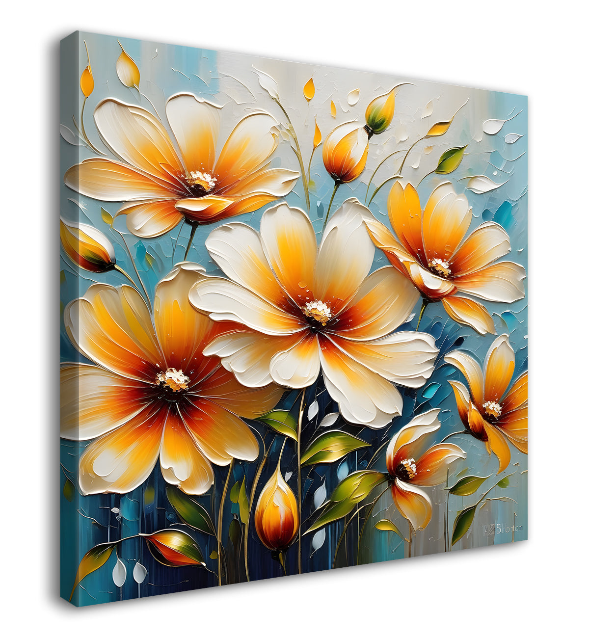 Orange flowers in sky blue background  textured painting  - Flower-S-80
