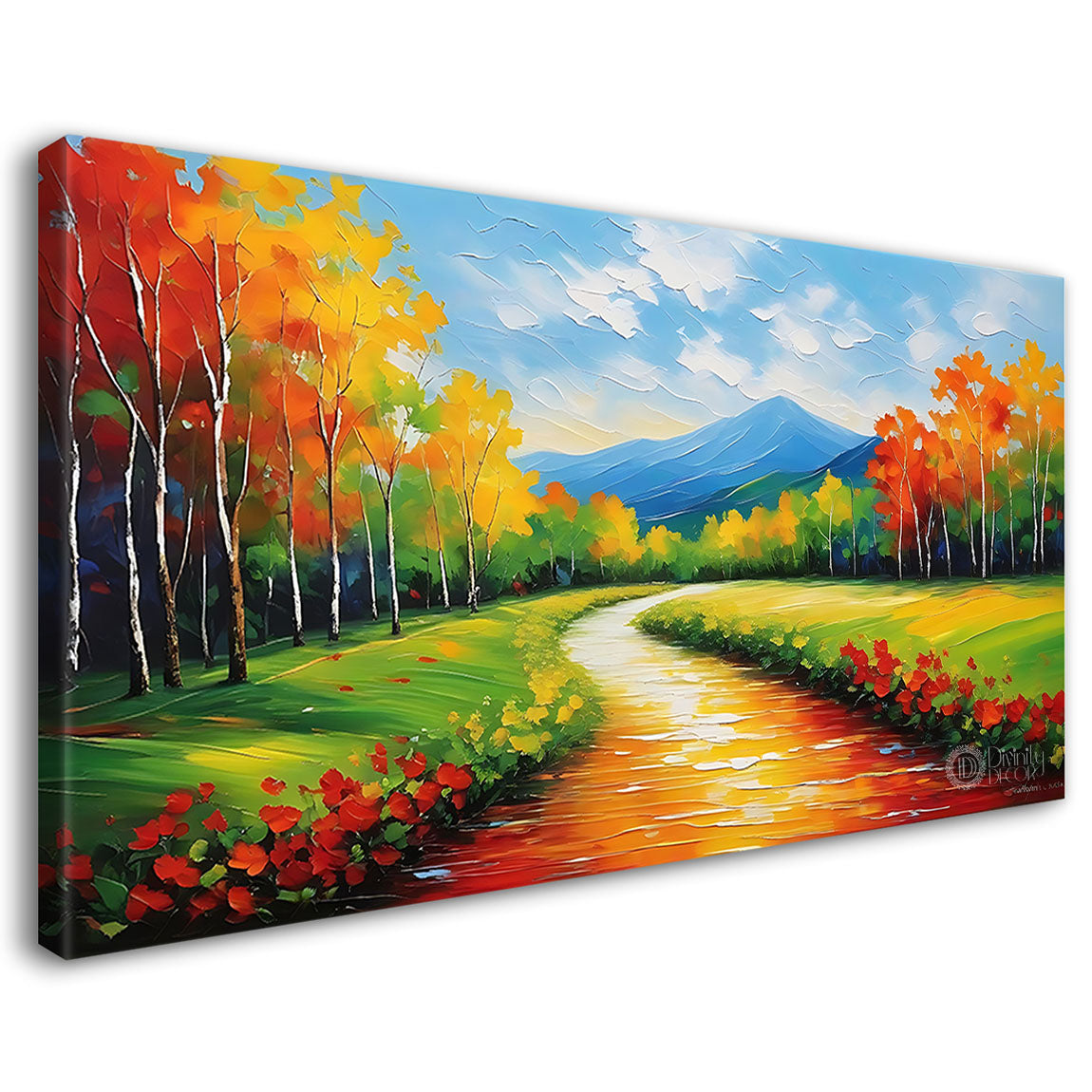 Mountains with greenery and colorful trees in textured painting Canvas Painting - Nature Art -80