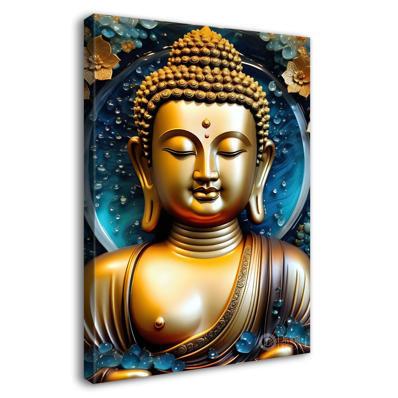 Golden buddha with blue textured painting - Buddha-V-80