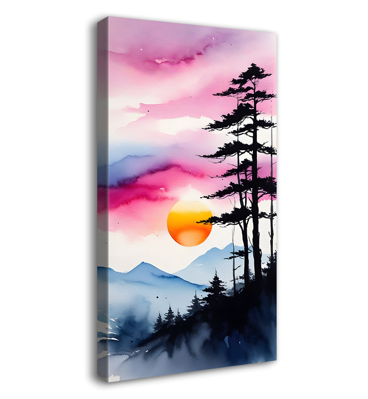 Pink sky with sun and mountains textured water colour painting Canvas Painting - Nature Art -V-80