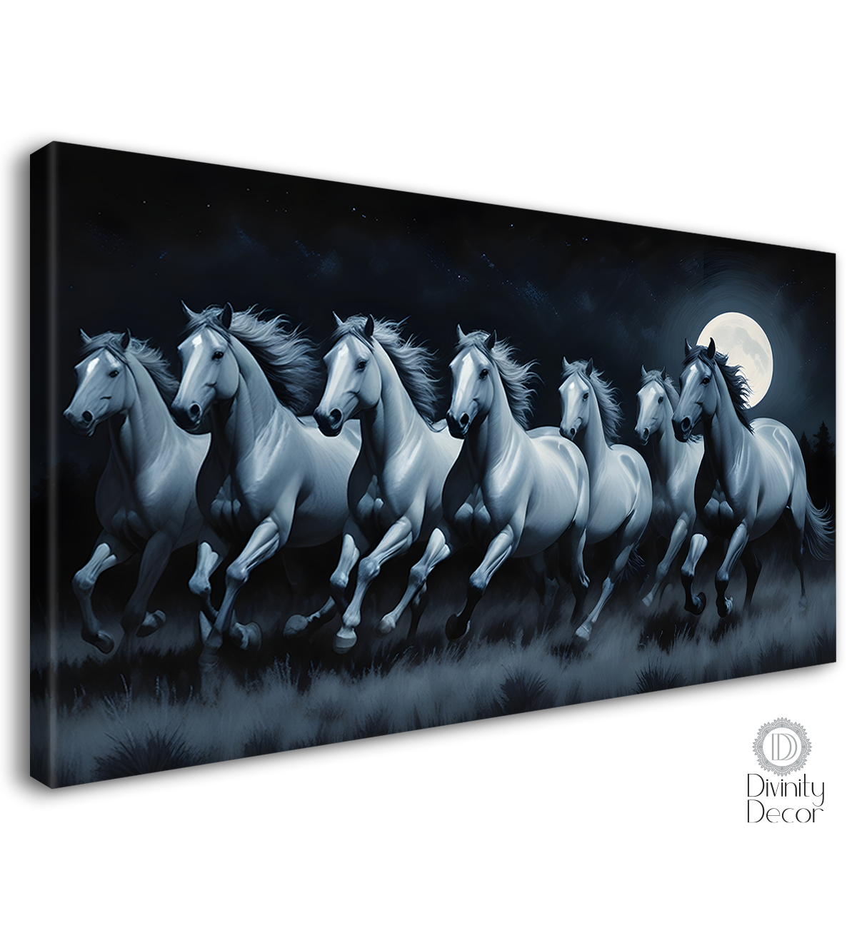 Grey running horses on the grass with moon and black textured background art Canvas Painting - Design - Horse-81