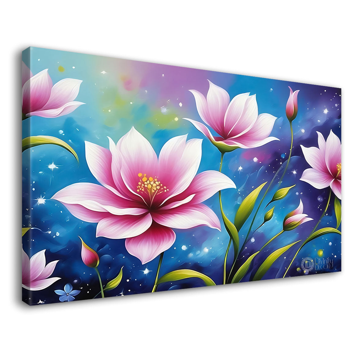 Pink flowers in sky blue background canvas painting- Flower-810