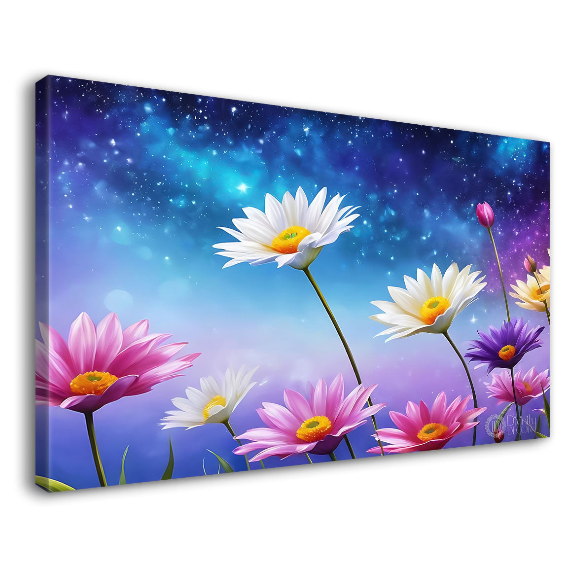 Pink flowers in sky blue background canvas painting- Flower-811