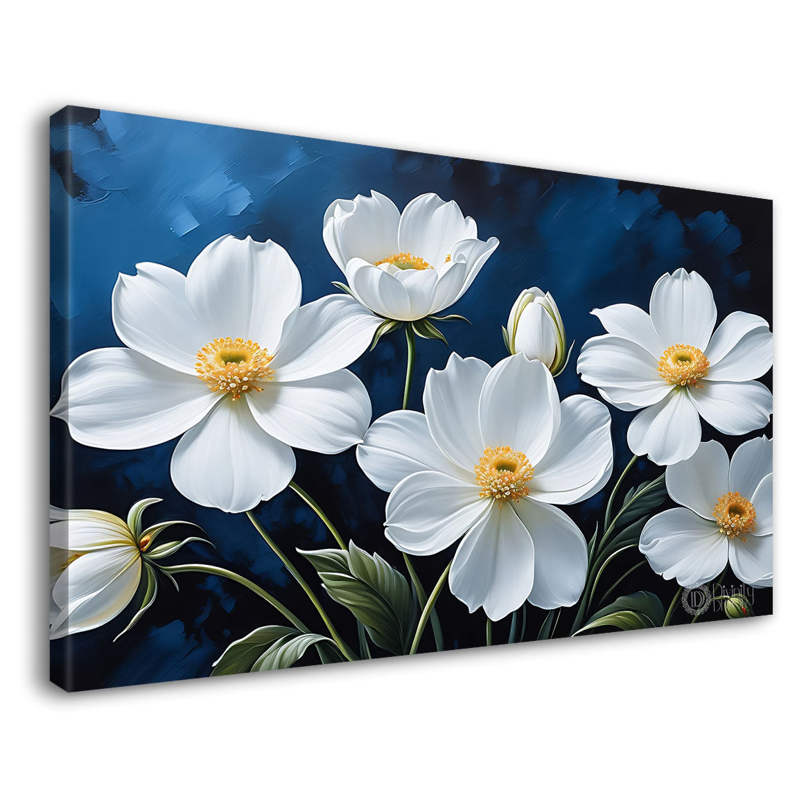 White flowers in navy blue background canvas painting- Flower-814