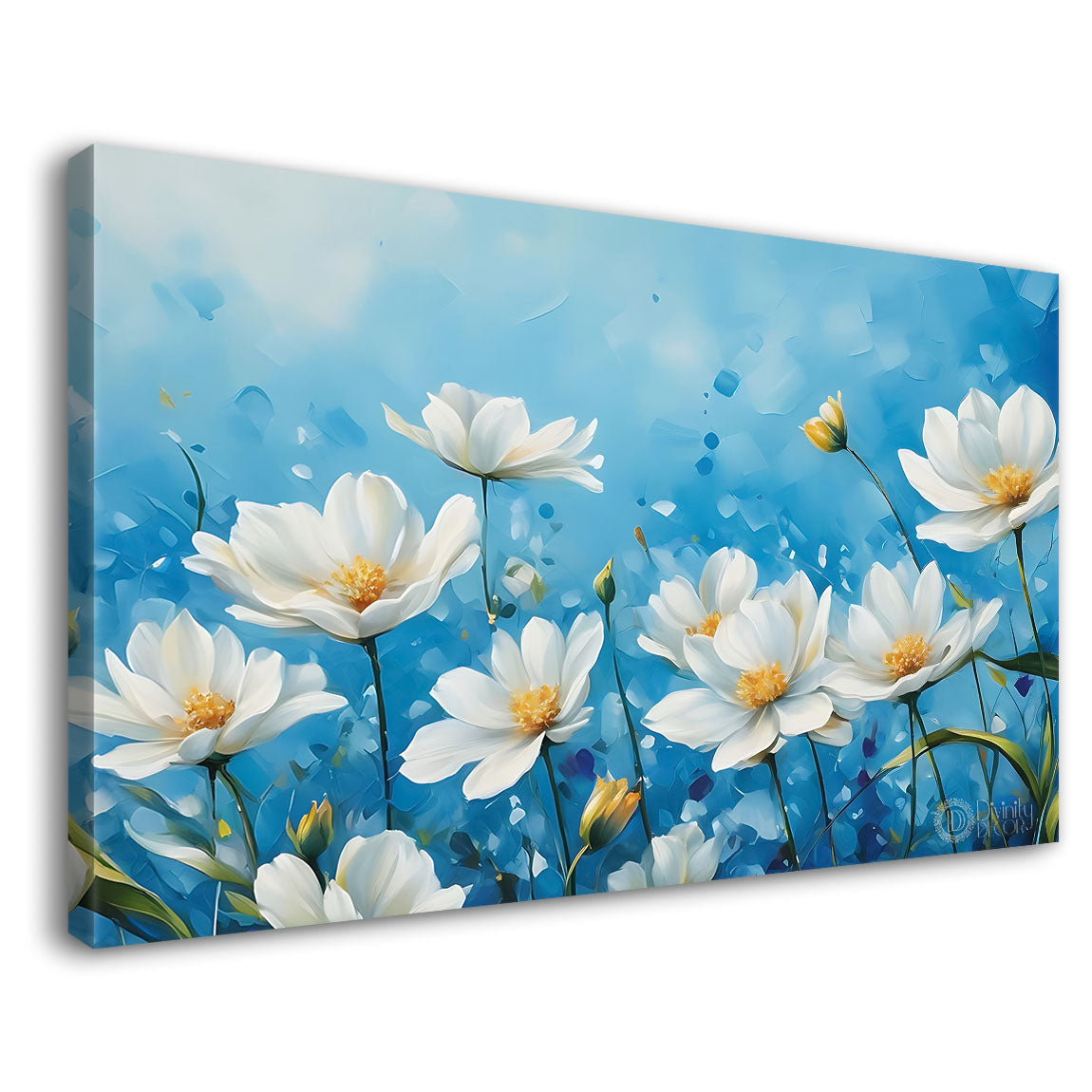 White flowers in navy blue background canvas painting- Flower-815