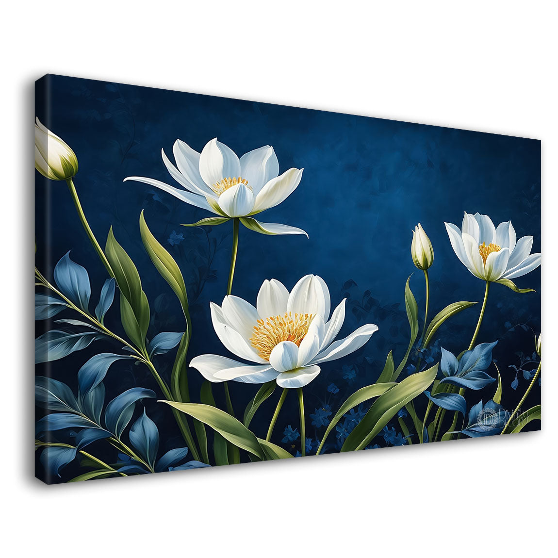 White flowers in blue background canvas painting- Flower-816