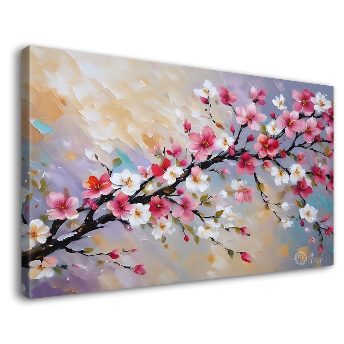 Pink flowers in grey background canvas painting- Flower-817
