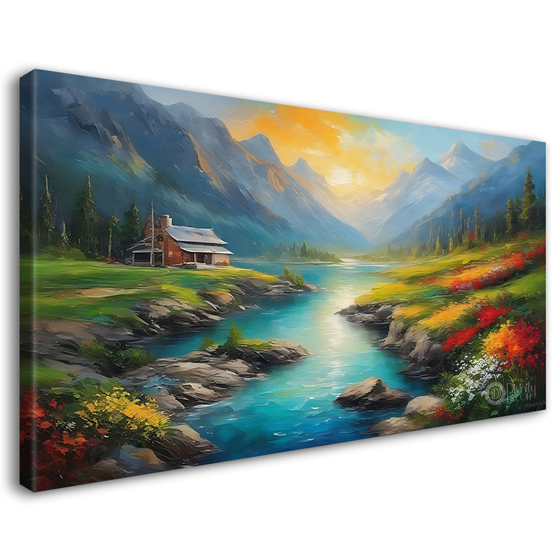 Mountains with greenery and flowers in textured scenery art Canvas Painting - Nature Art -81