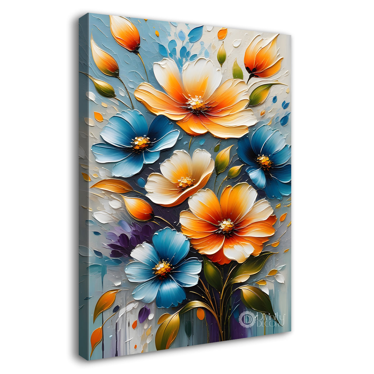 Orange and blue flowers in grey textured background painting - Flower-V-81