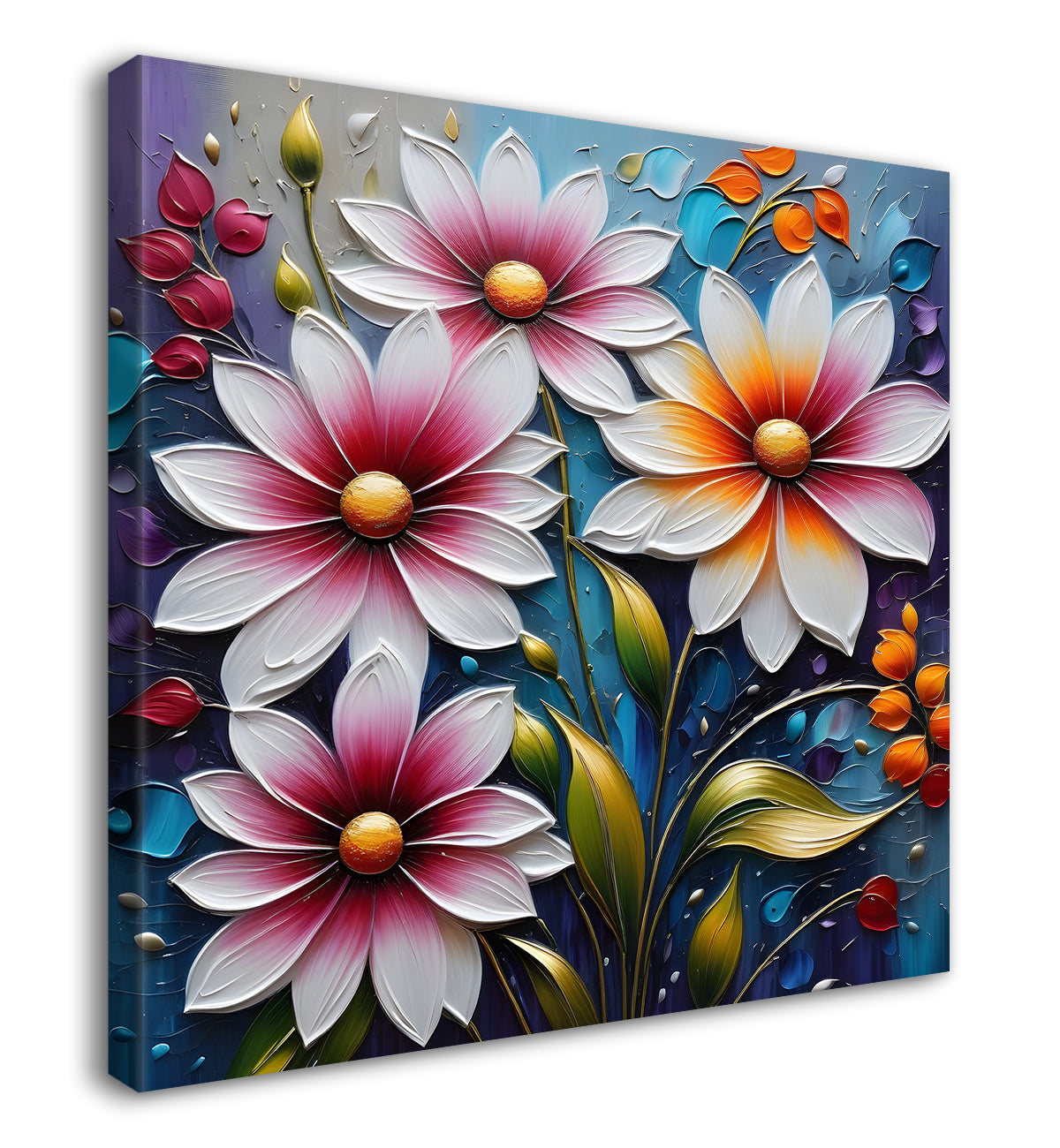 Purple flowers in blue background  textured painting  - Flower-S-81