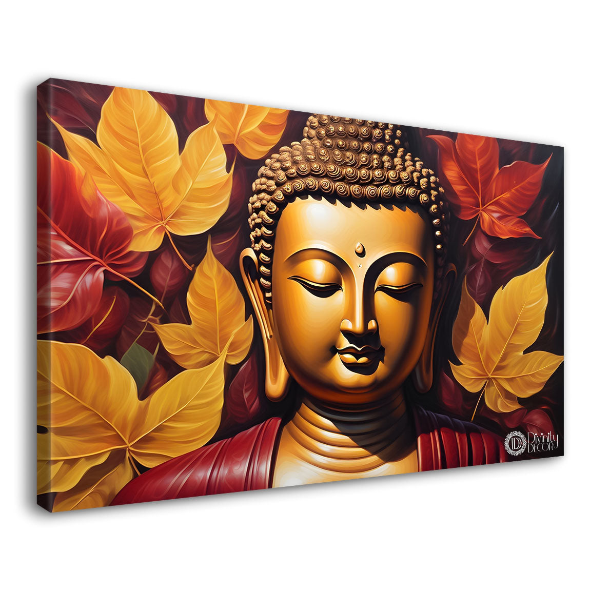 Golden buddha with yellow and red leaves Canvas Wall Painting - Buddha-81