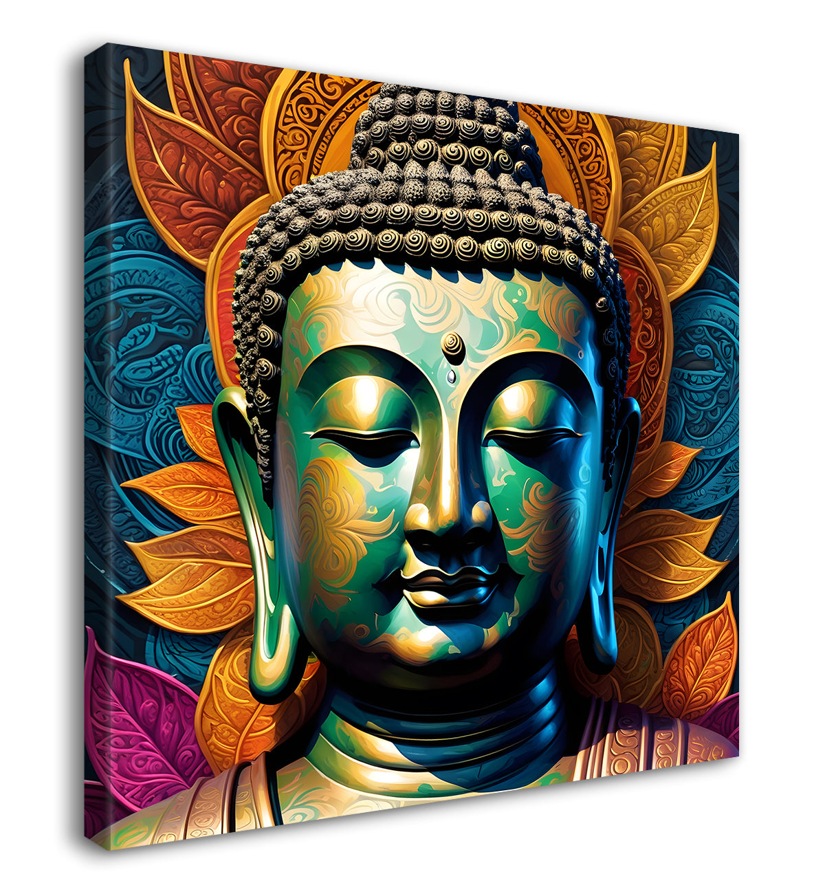 Dark green and blue buddha painting with lotus 24x24 inch Buddha-S-81