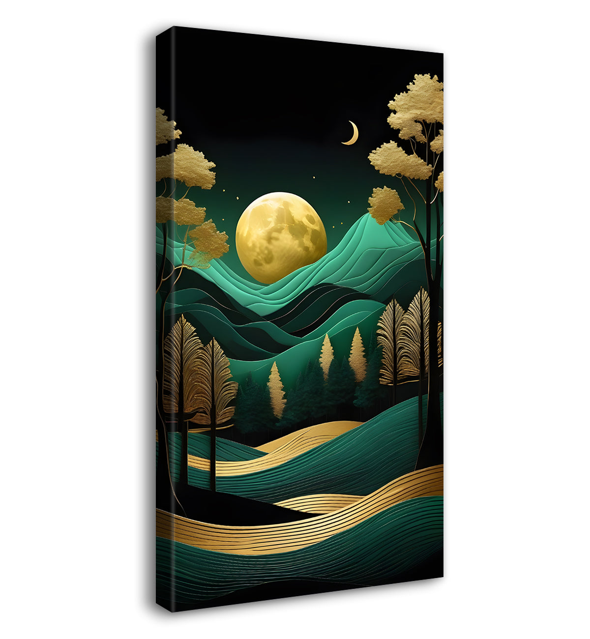 Green mountais  with golden moon and trees in textured painting Canvas Painting - Nature Art -V-81