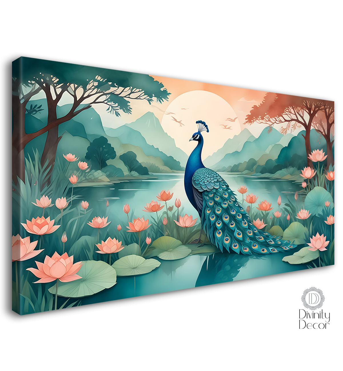 Peacock with lotus and trees in a fog background textured art. - Design - Animal -81