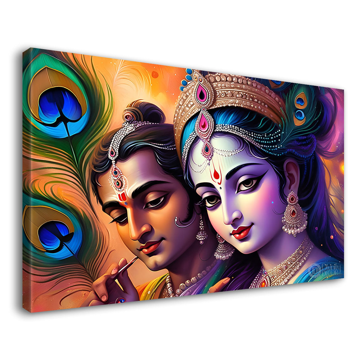 Radha Krishna with orange and peacock feather background Canvas Painting - Design - Krishna-82