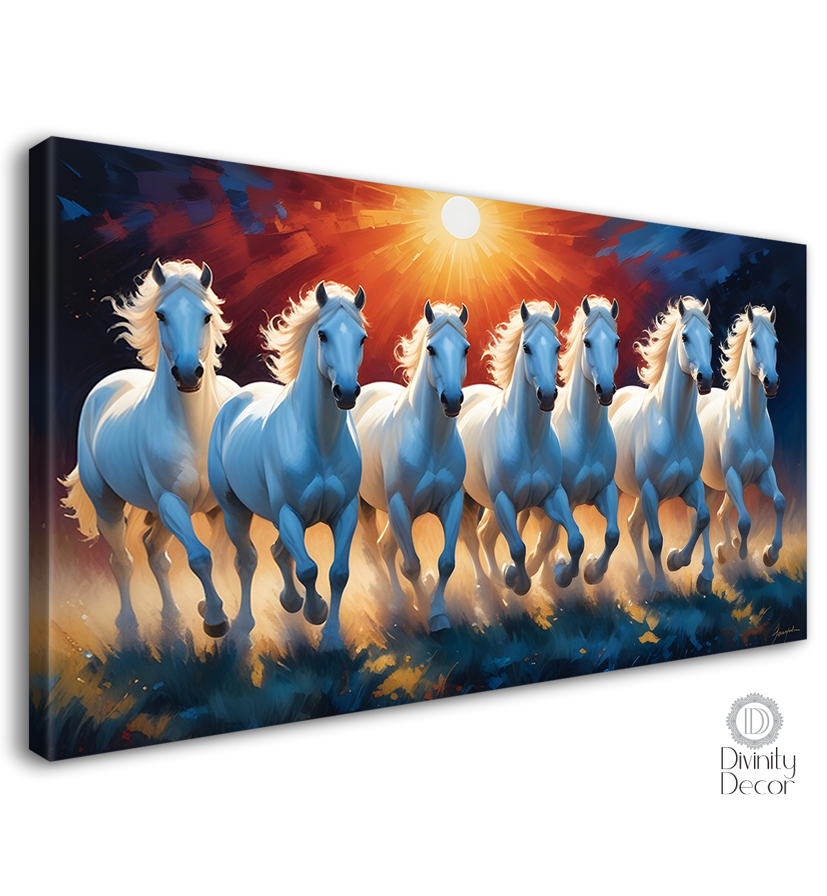 White running horses on the grass with sunset and blue textured background art Canvas Painting - Design - Horse-82
