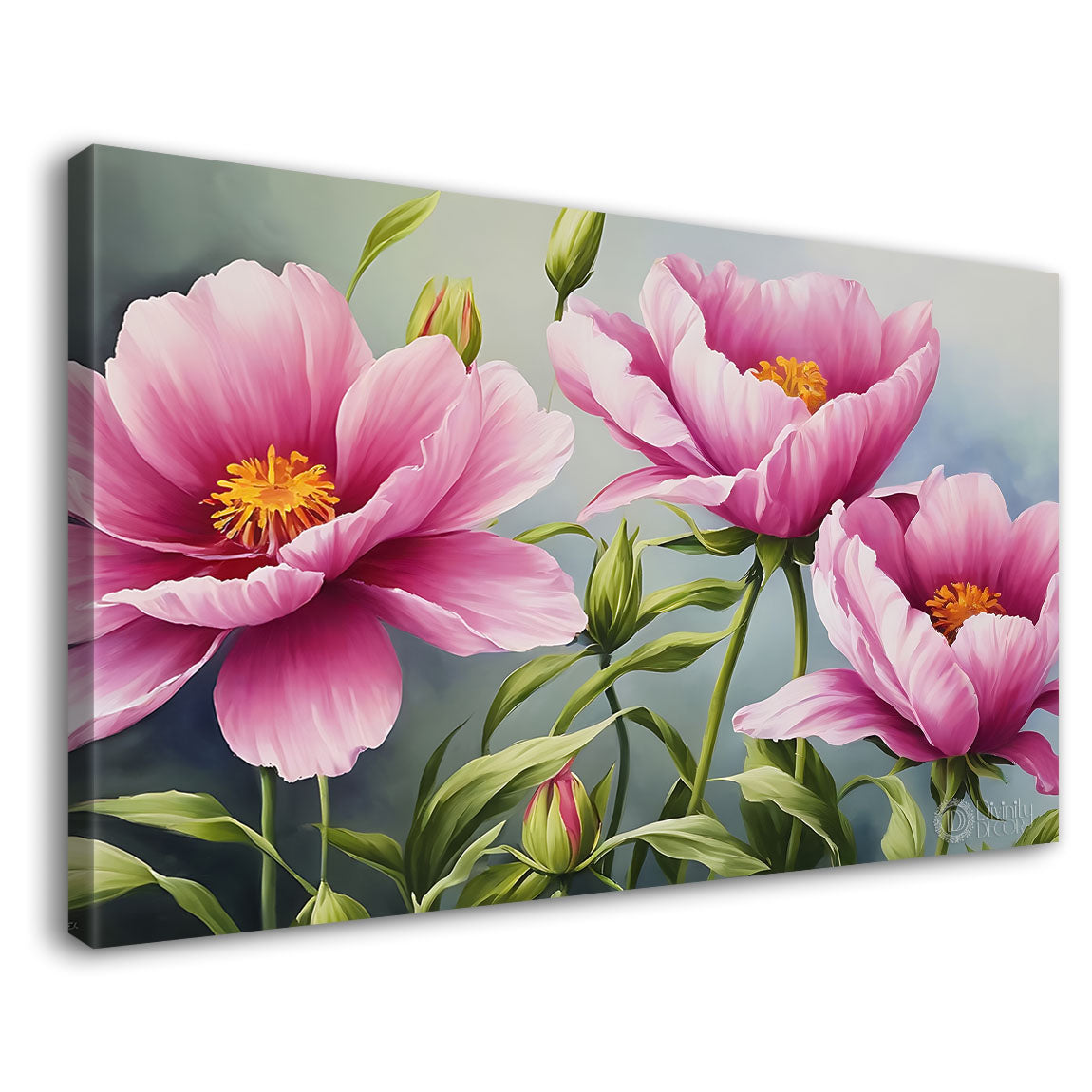 Pink flowers in sky blue background canvas painting- Flower-820