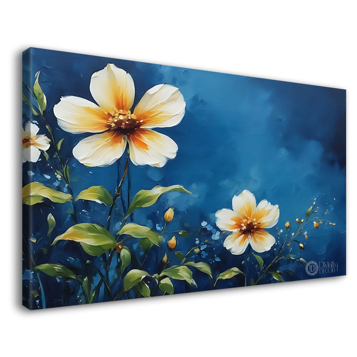White flowers in navy blue background canvas painting- Flower-821