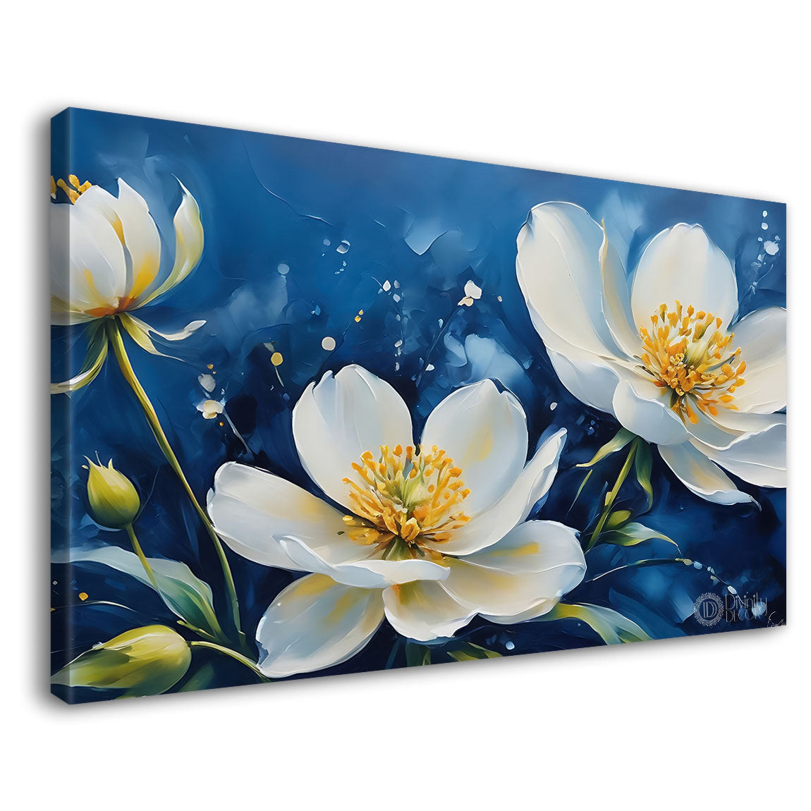 White flowers in navy blue background canvas painting- Flower-822