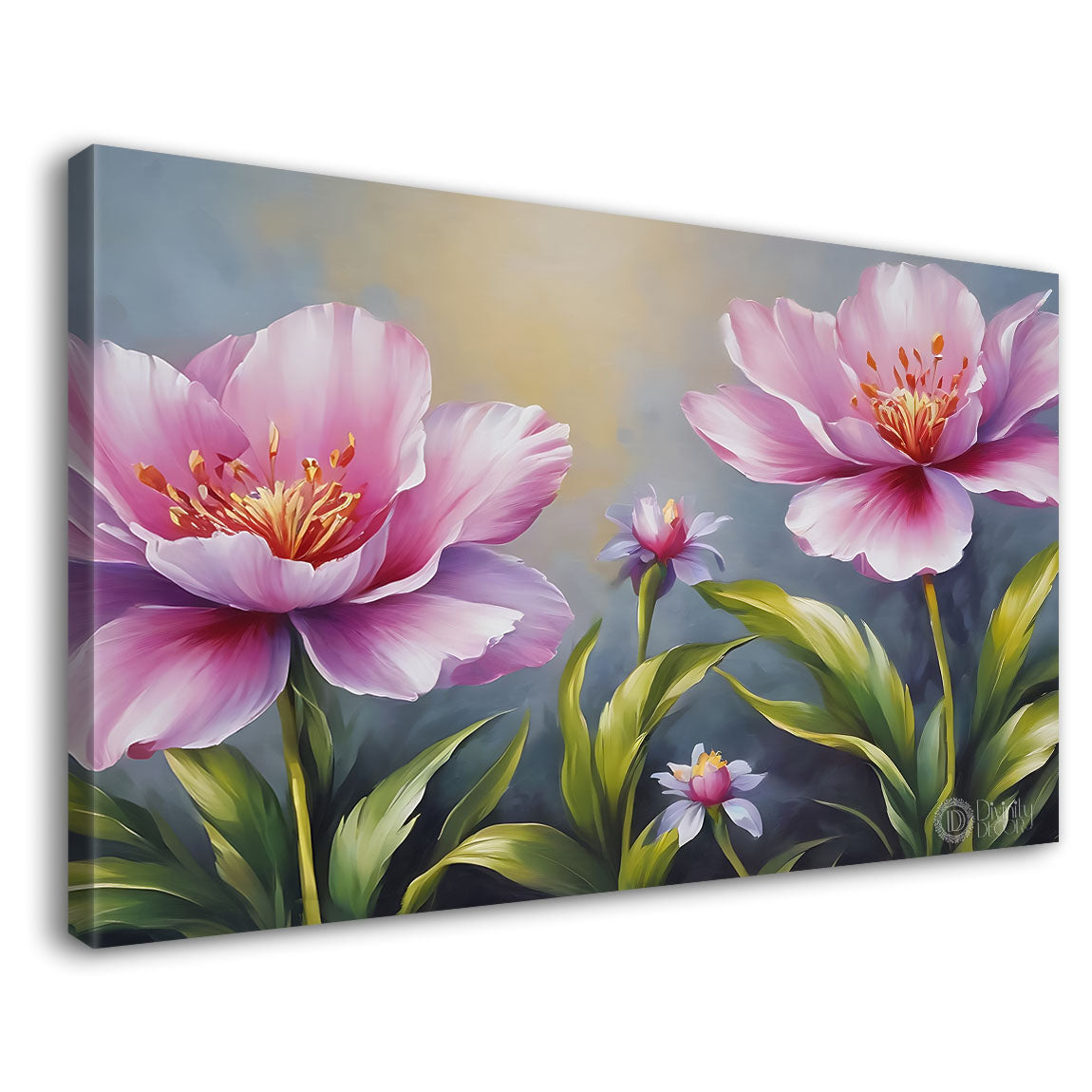 Pink flowers in grey background canvas painting- Flower-823