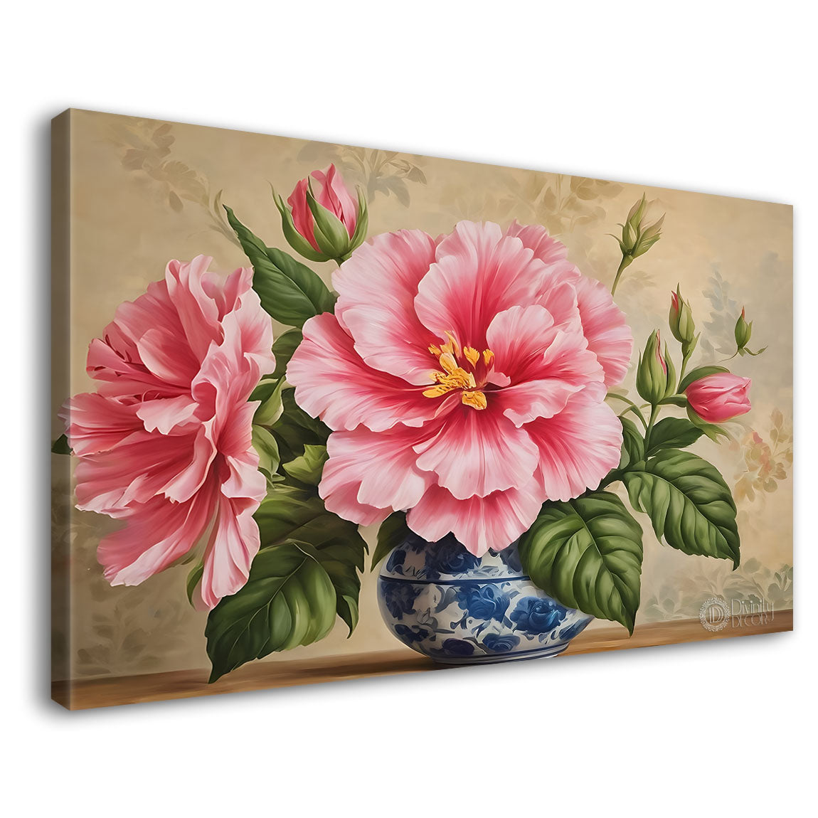 Pink flowers in light brown background canvas painting- Flower-824