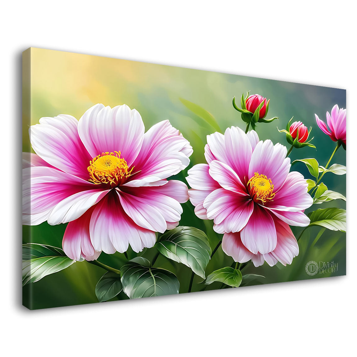 Pink flowers in light green background canvas painting- Flower-825