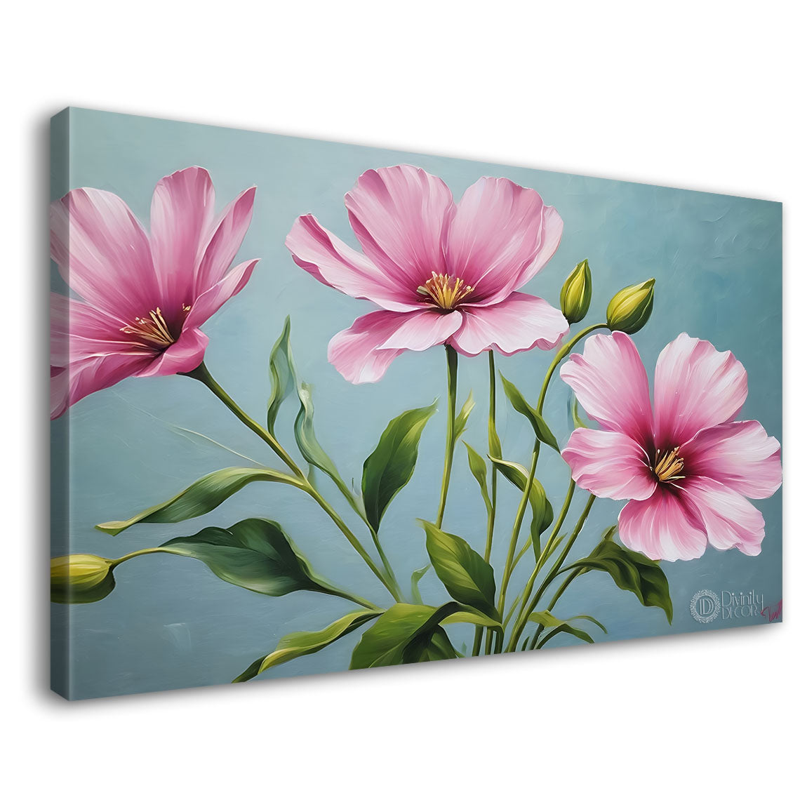 Pink flowers in light blue background canvas painting- Flower-826