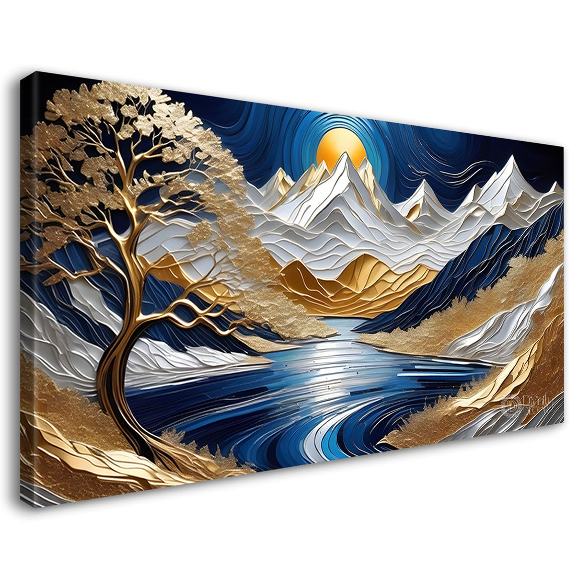 Blue mountains with the tree and the lake painting Canvas Painting - Nature Art -826