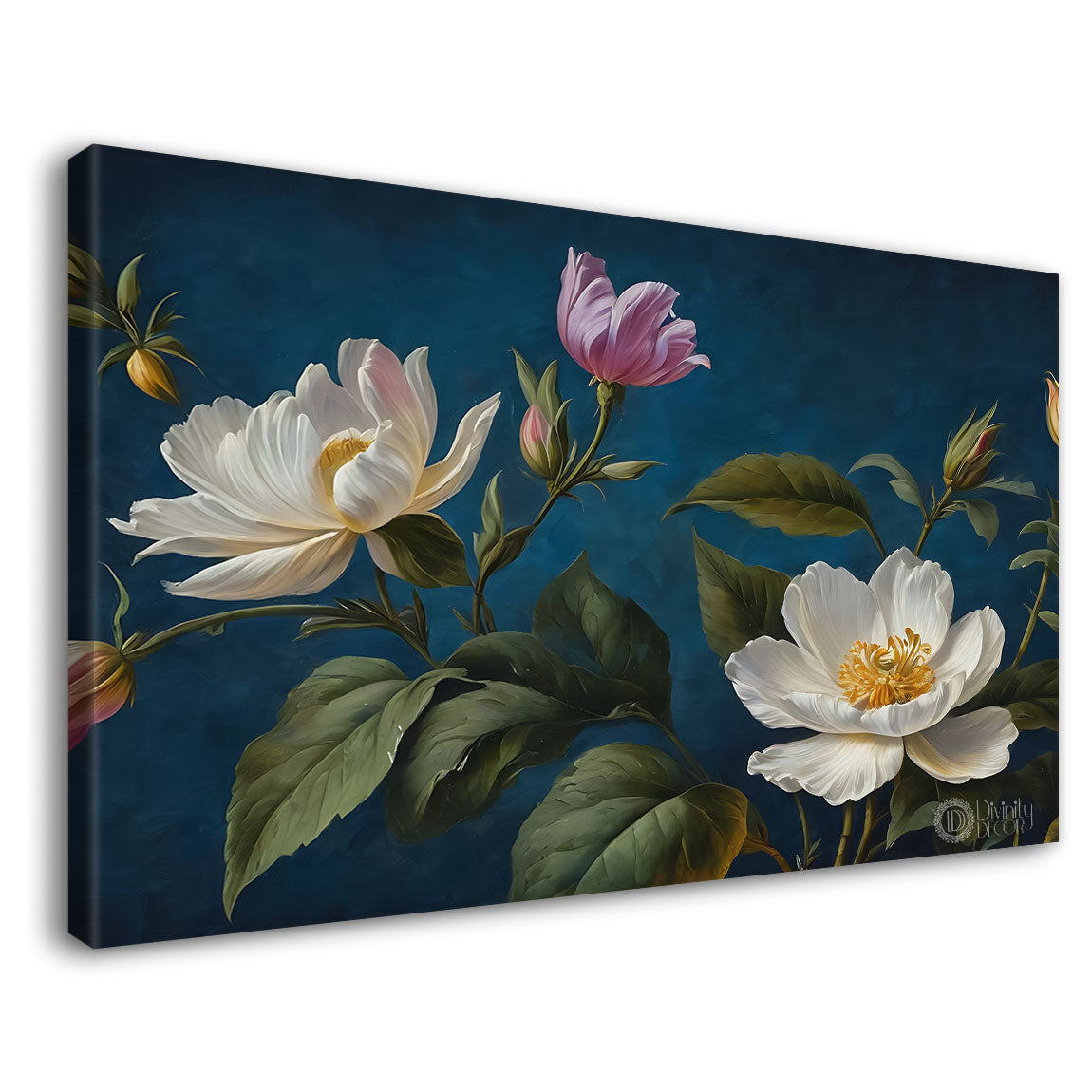 White flowers in navy blue background canvas painting- Flower-827