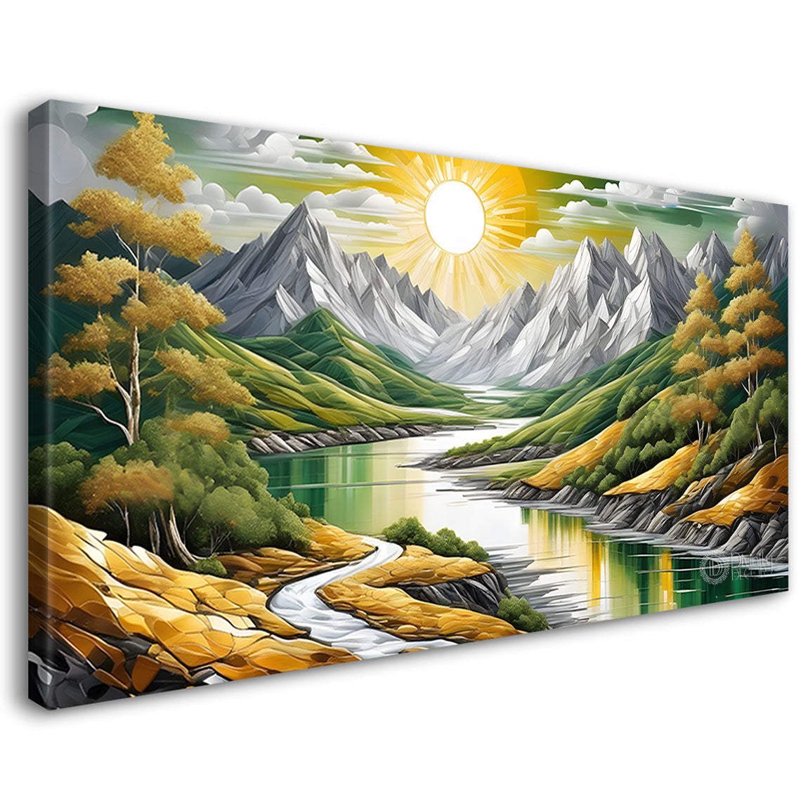 Green mountains with sun and trees painting Canvas Painting - Nature Art -827