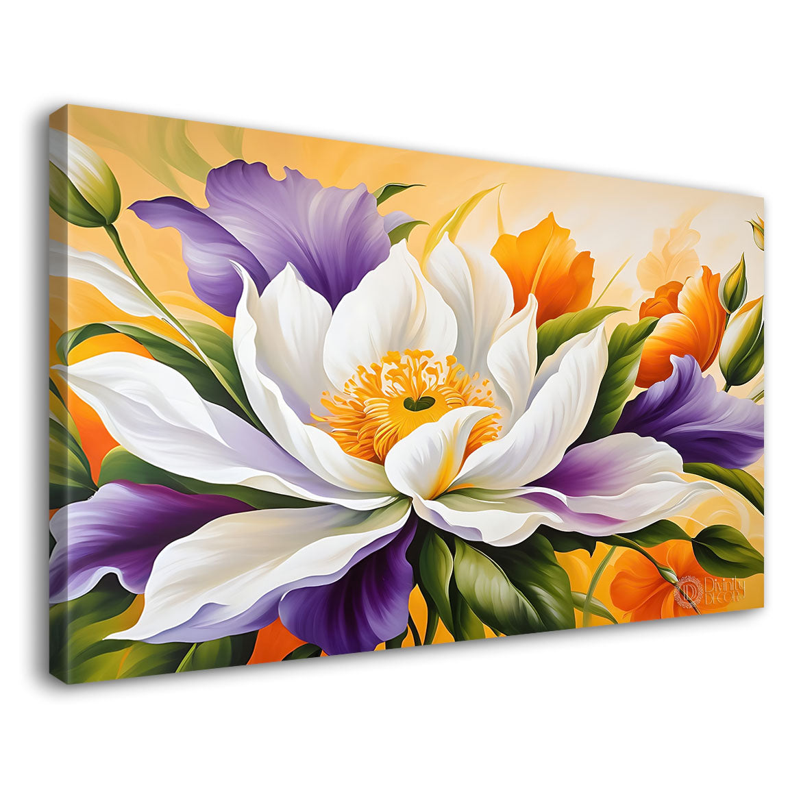 White flowers in yellow background canvas painting- Flower-828