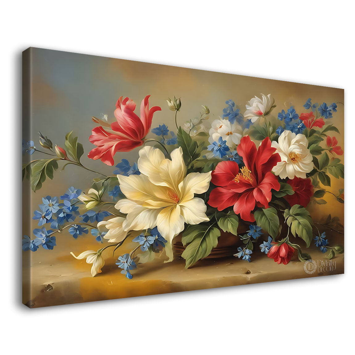 Colorful flowers in light brown background canvas painting- Flower-829